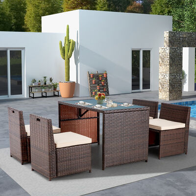 Set de refeição exterior de Rattan PE comercial com mesa de vidro retangular para uso em hotéis e resorts